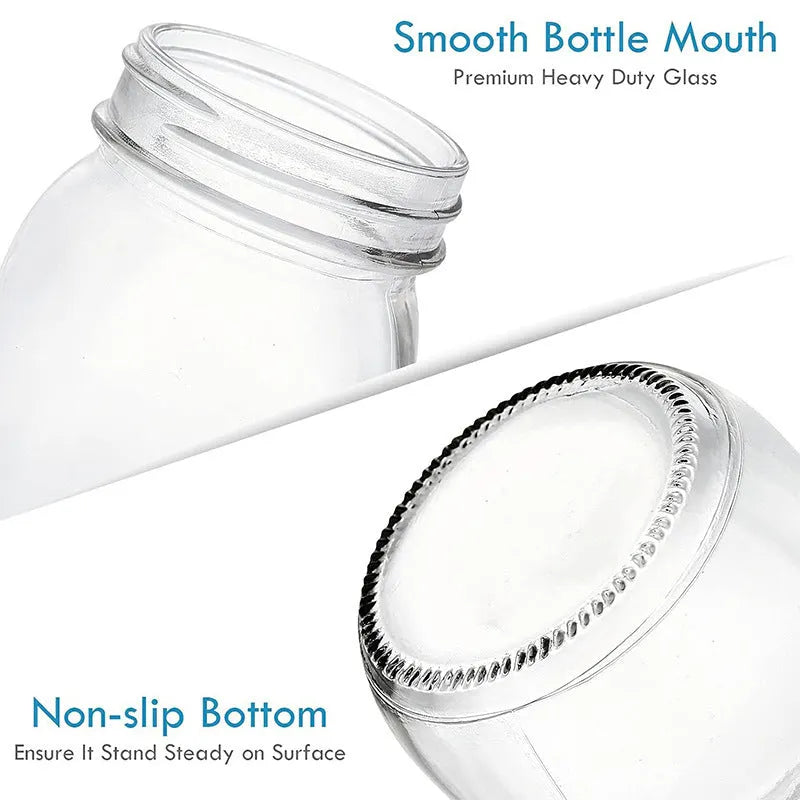 Six transparent 32oz glass storage bottles with airtight wide mouth and glossy finish