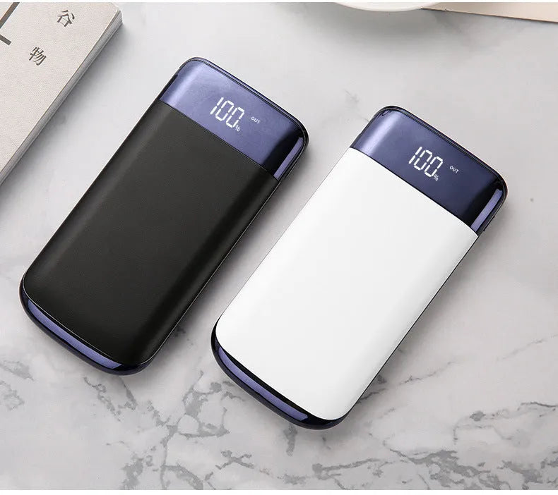 White plastic portable power bank with full screen display showing battery level, 10000mAh capacity