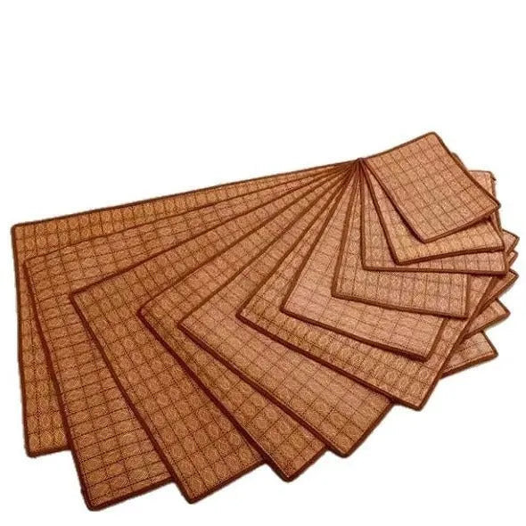 Brown woven rattan cooling mat for dogs on a floor, showing texture and size options.