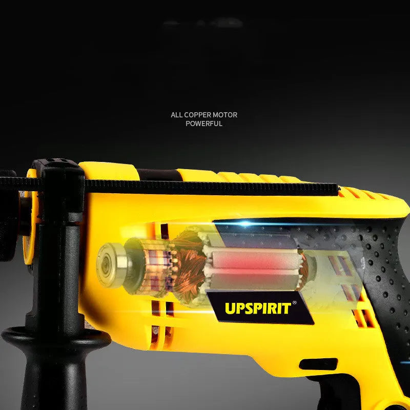 Black 710W electric impact drill with 13mm keyless chuck and variable speed trigger, on a white background