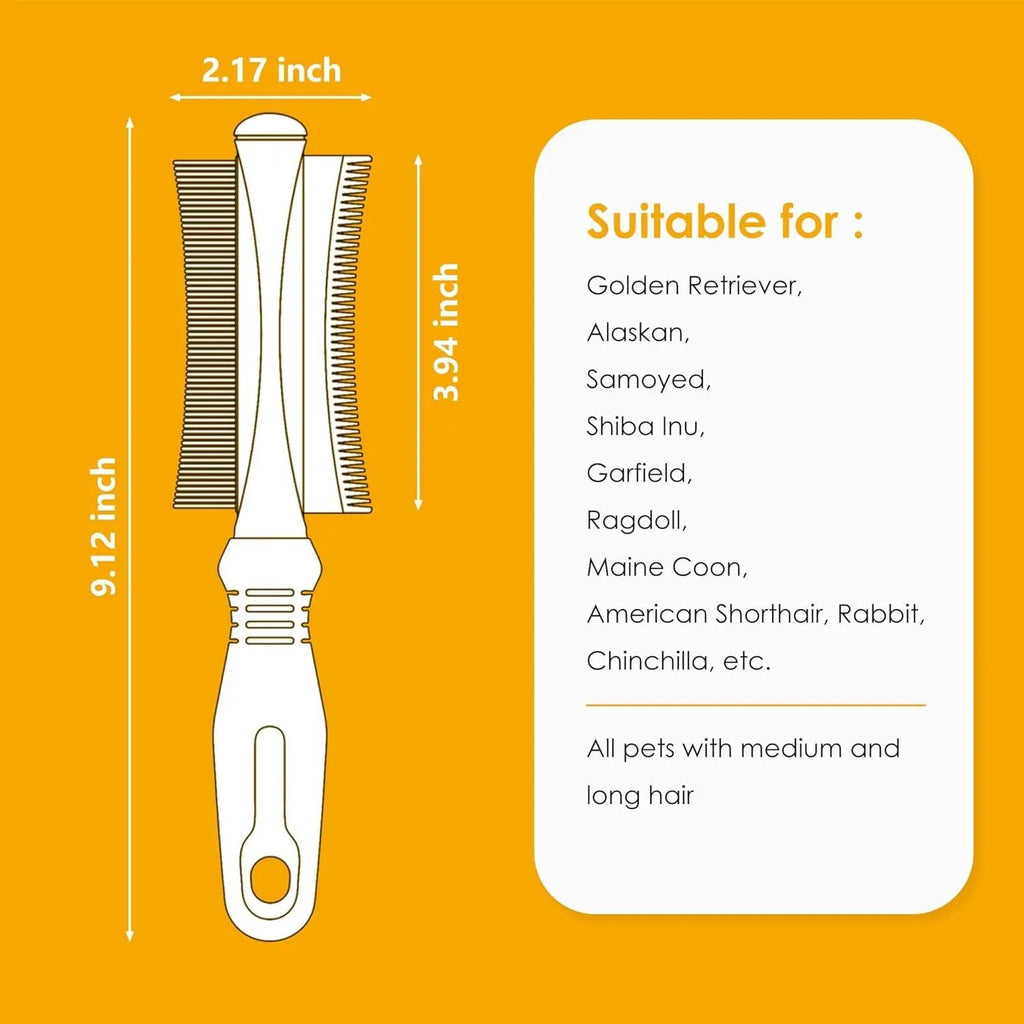 White double-sided dog and cat grooming brush with a curved comb and deshedding bristles on an ergonomic handle.
