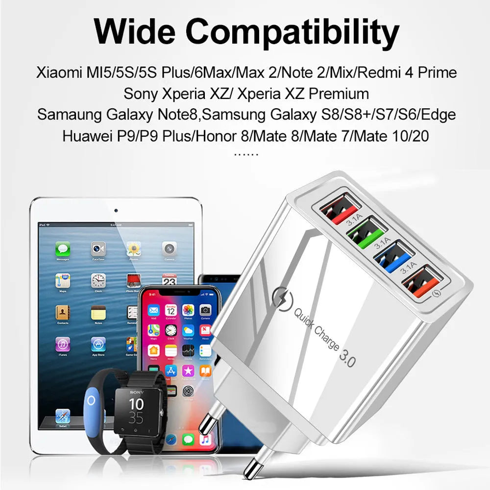Four-port USB wall charger with international plug options in black, blue, red, orange, and grey colour variations