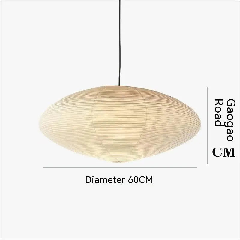 Modern simple pendant lamp with a round paper shade, shown in different diameter sizes for ceiling lighting.