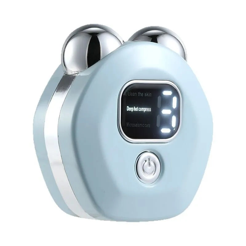 Portable white hot compress massage instrument with a double-roller head for facial micro current treatment.