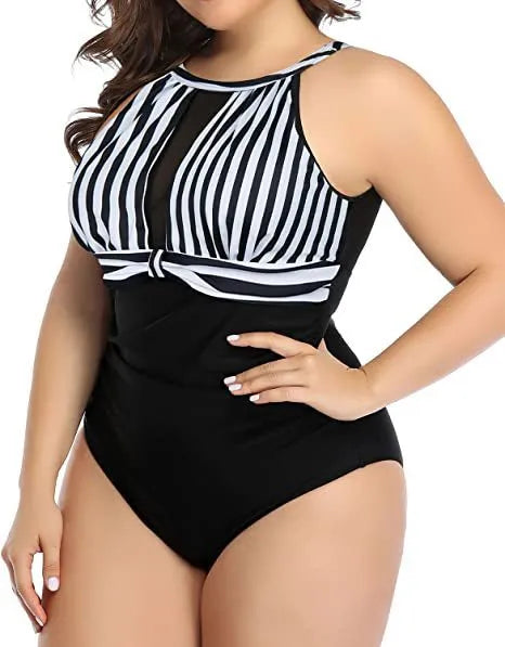 A women's solid colour one-piece lace swimsuit in black, red flower, or stripes pattern.