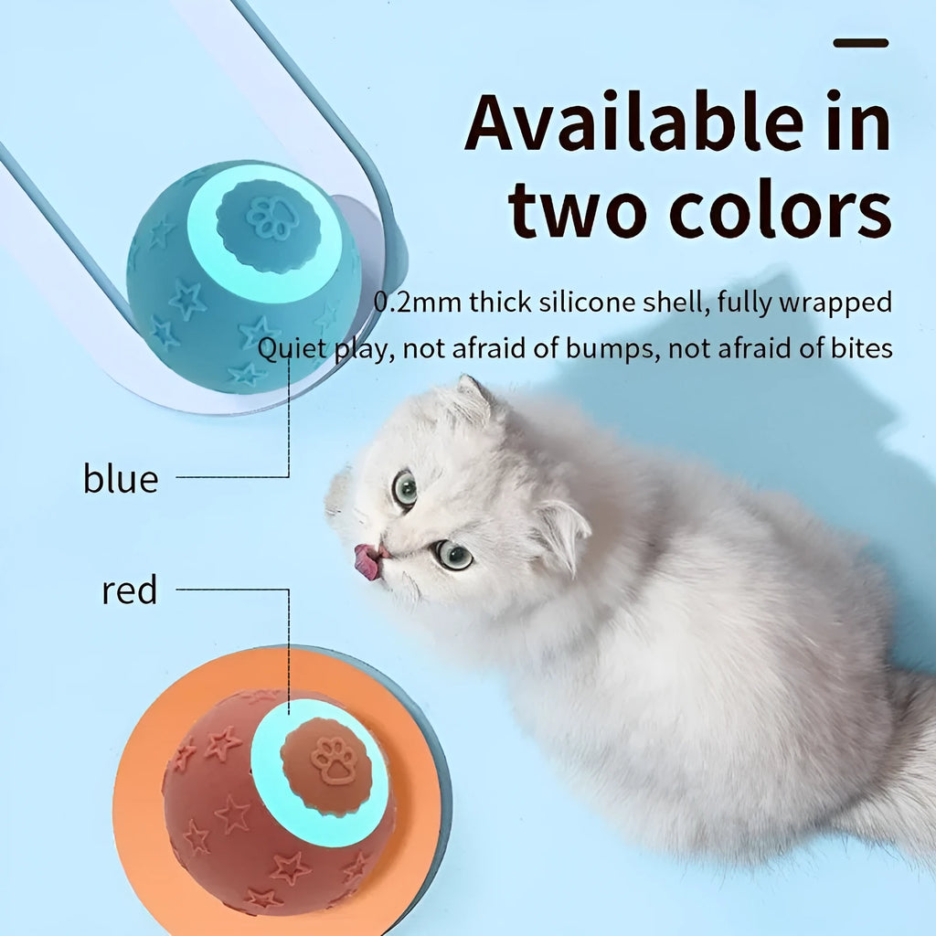 Blue smart ball cat toy with rechargeable feature and rolling motion on a floor