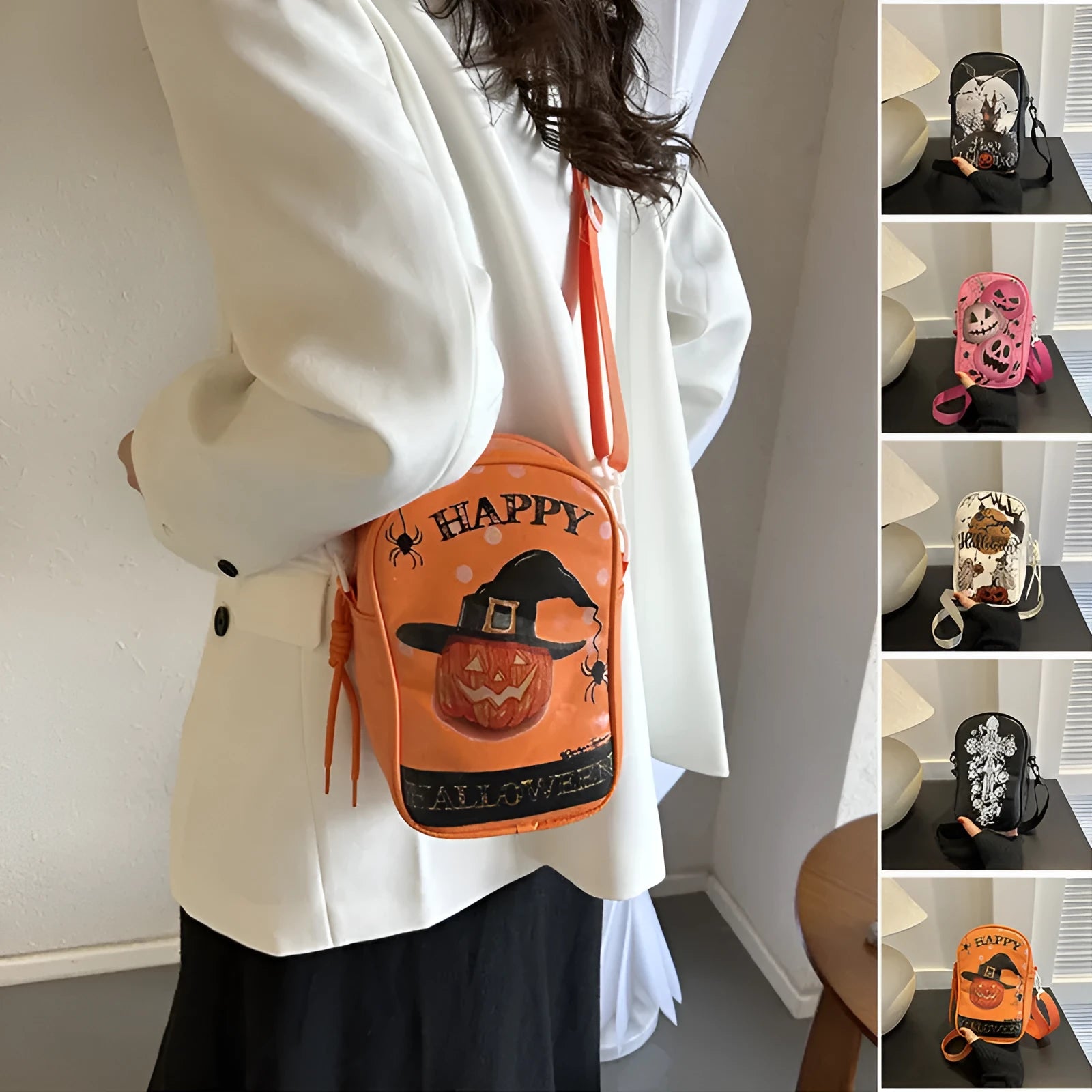 Black mini square crossbody bag with orange cartoon pumpkin, white ghost, and black bat graffiti print.