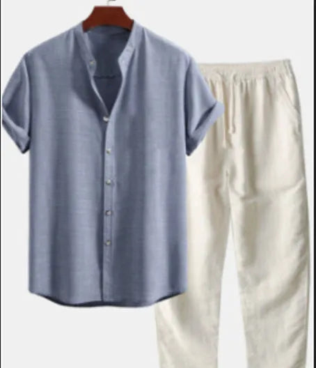 Men's green floral printed slim fit shirt and trousers set on a hanger.