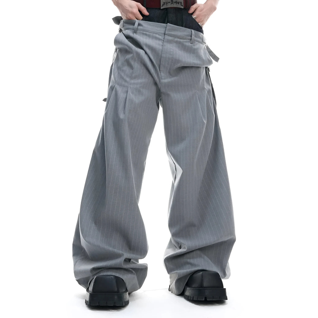 Double waist striped suit pants with raw denim stitching in grey, composite fabric, sizes S to XL
