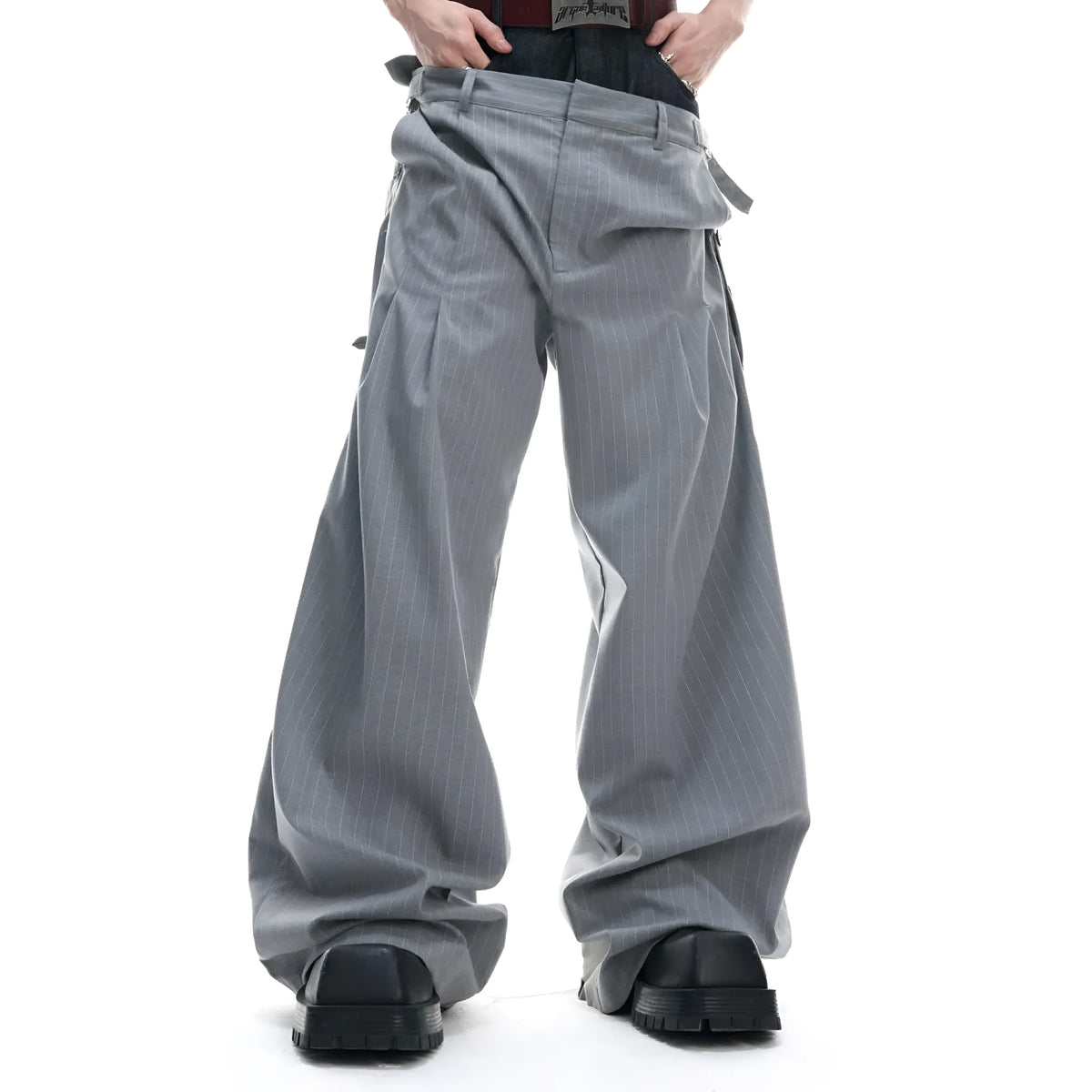 Double waist striped suit pants with raw denim stitching in grey, composite fabric, sizes S to XL