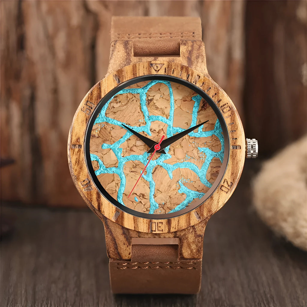 Wood watch with natural wood case, quartz movement, and genuine leather strap, featuring an Earth plate design on the dial.