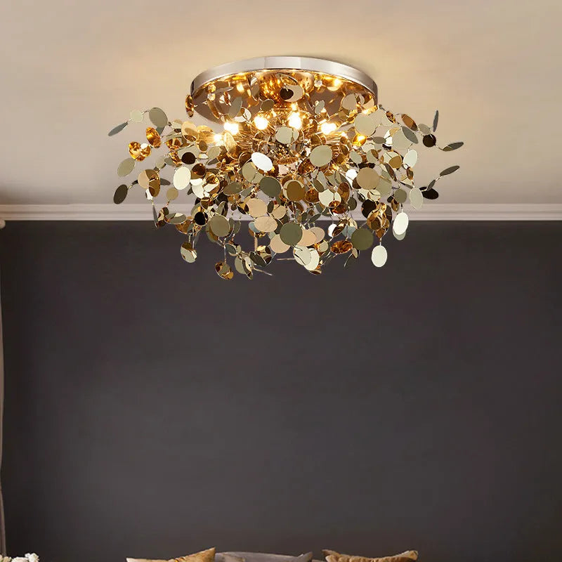 Stainless steel bar tree blade chandelier with eight G9 lights, shown in D380 x H450 mm and D500 x H450 mm sizes