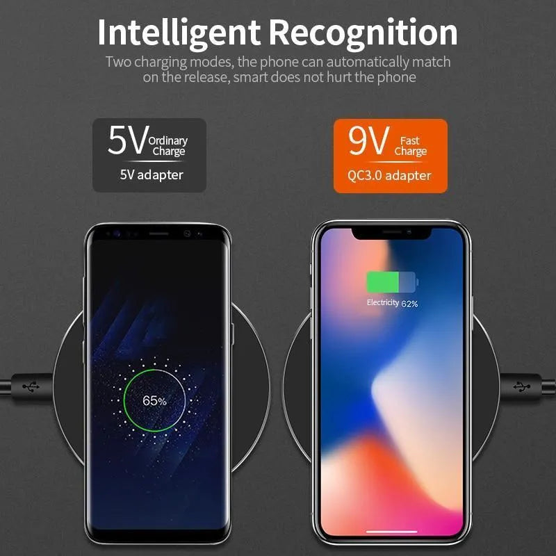 Black square wireless charging pad on desk with smartphone charging wirelessly