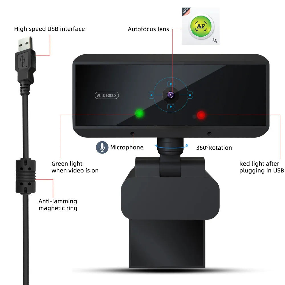 HD computer video camera with 5MP autofocus, black ABS body, USB 2.0 cable, desktop use
