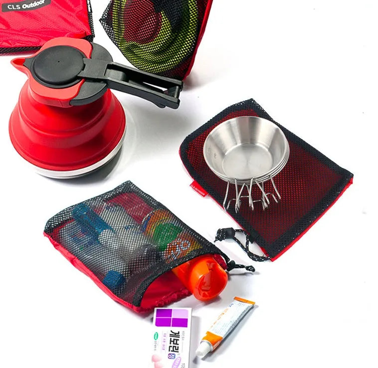 Five Oxford drawstring bags with 200D cloth and mesh in a set for storage and travel