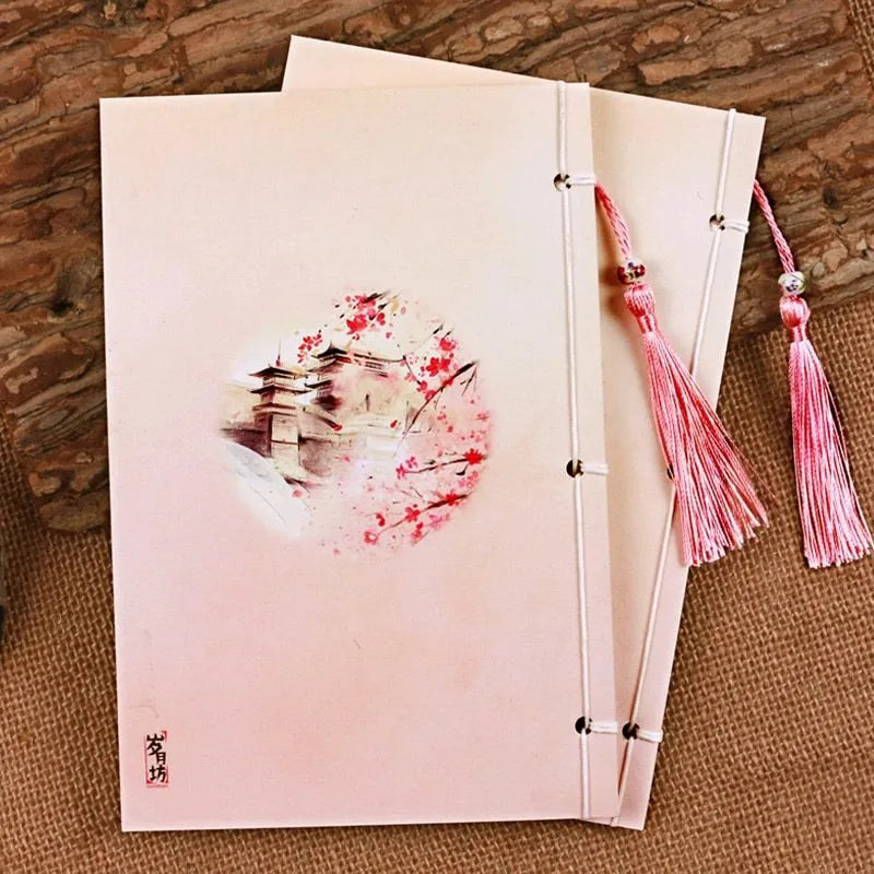 Traditional Chinese thread-bound notebook with watercolour floral cover in Azalea colour, A5 size