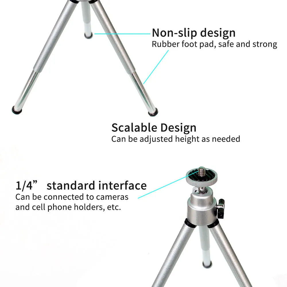 Mini flexible aluminium desktop tripod with ball head extended, alongside a universal U-shaped black phone clip.