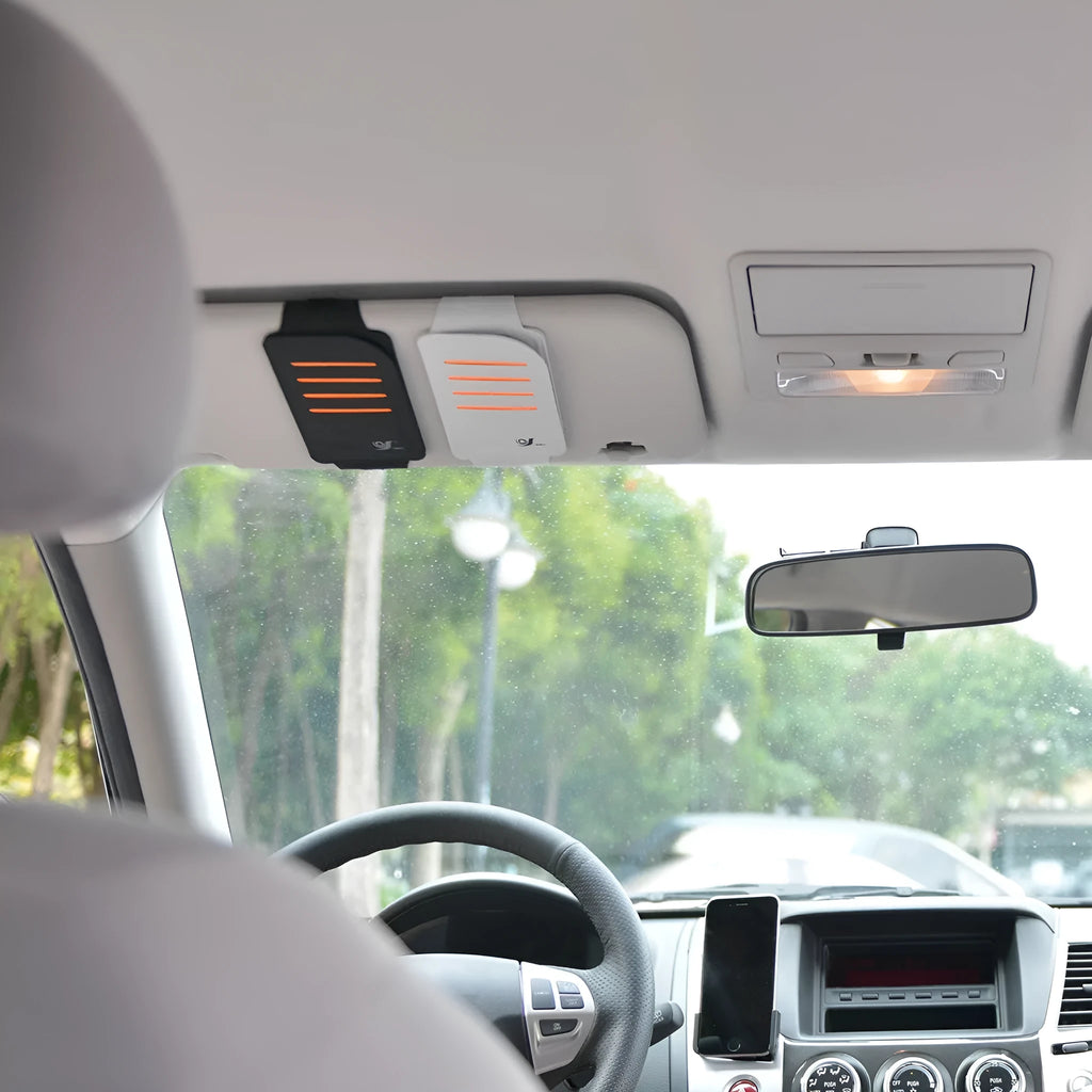 Car sun visor shading panel pack with storage bag in grey and black colour options.