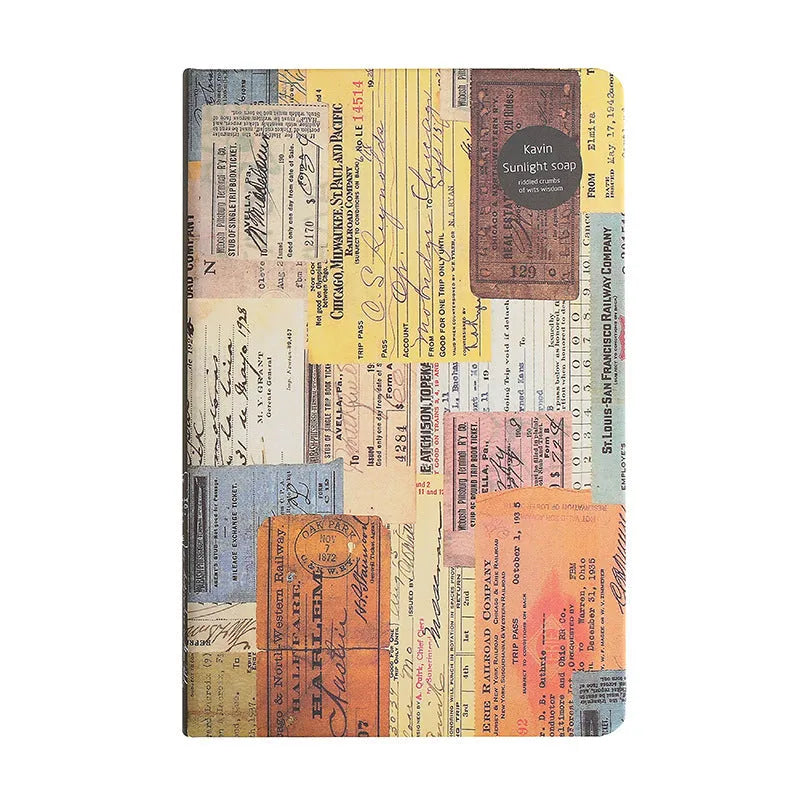 Blue kraft paper A5 illustration notebook with retro design, open to show colour pages.