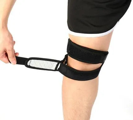 Patella knee support band with EVA shock pad, perforated rear knee, in black, grey, blue or pink