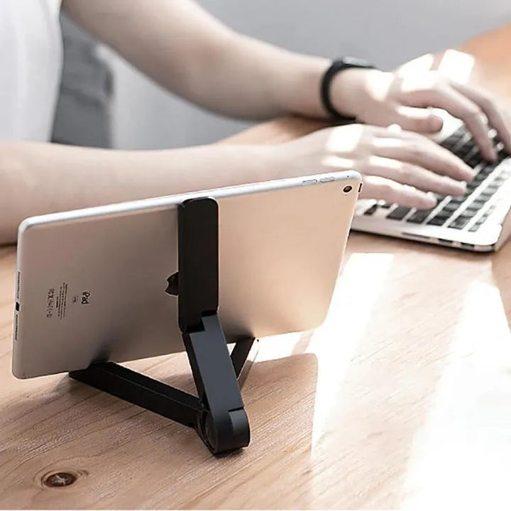 Foldable aluminium tablet holder stand in black showing portrait and landscape phone positioning