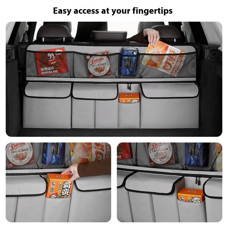 Multifunctional mesh pocket car storage box in black Oxford cloth with hanging straps