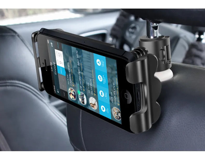 Black car headrest bracket holding tablet with 360-degree rotation mechanism