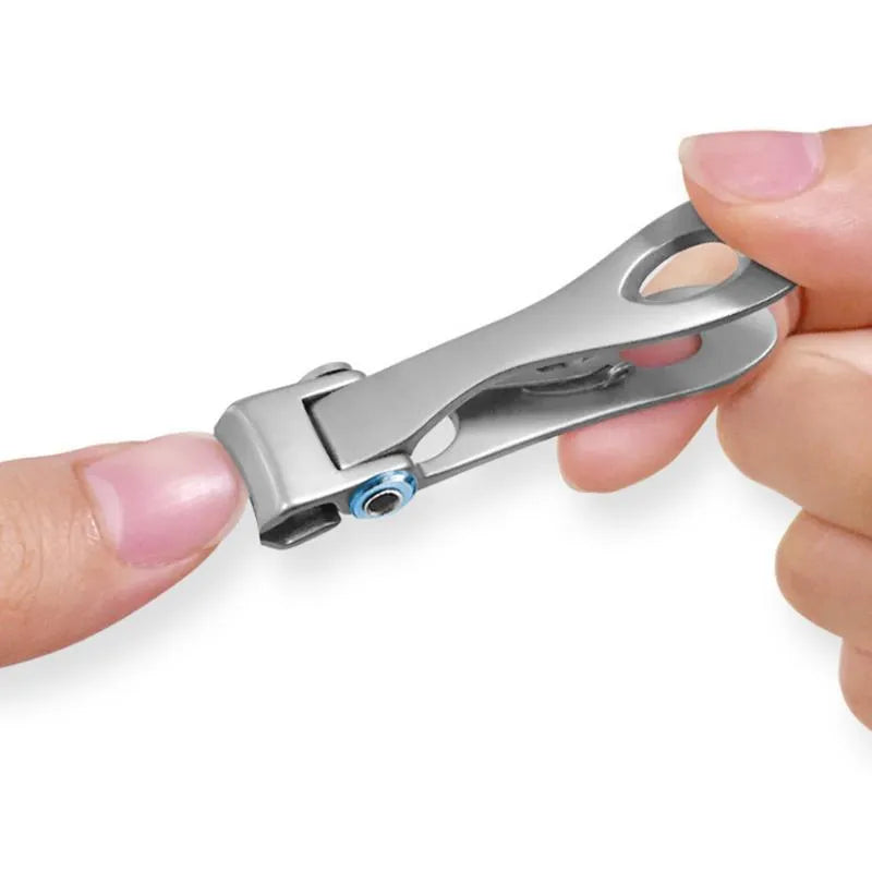 Silver stainless steel thick nail clippers with curved blades and ergonomic handle on white background