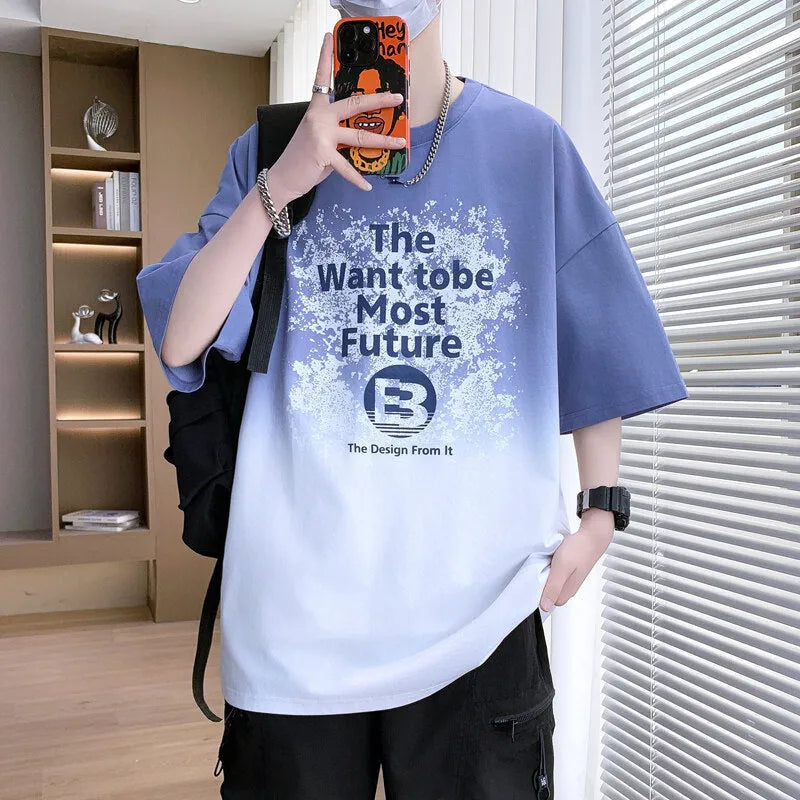 Boys printed cotton blend T-shirt in dark blue with Jacquard design and drop shoulders.