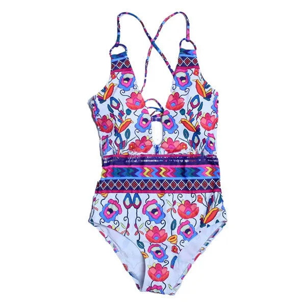 Bandage one-piece swimsuit with floral pattern, open back, chest pad, polyester and cotton lining, sizes S-XL.