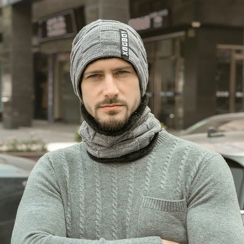 Wool knit hat and collar set in Black, Grey, Khaki, Navy and Wine Red with unisex warp knit design