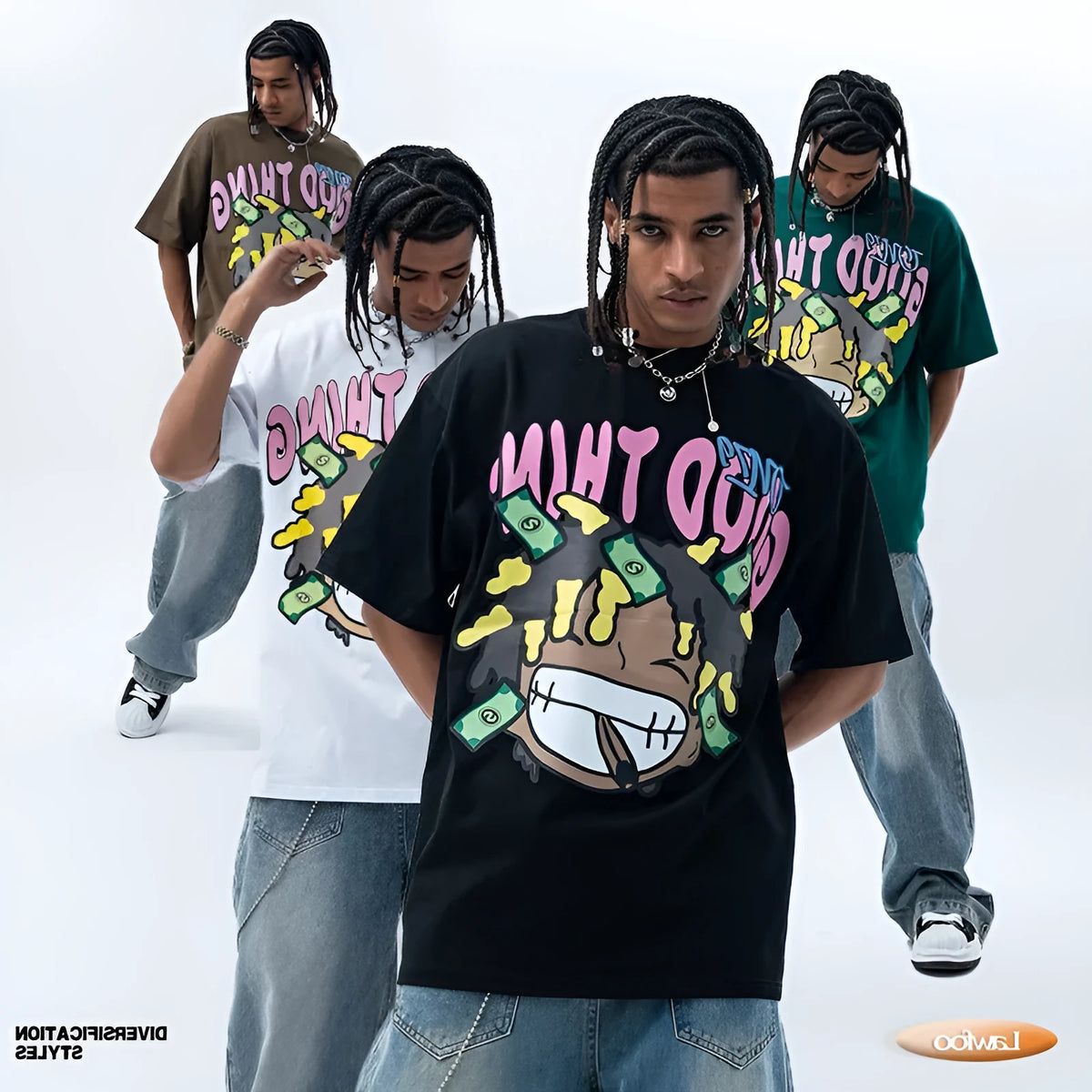 Men's pure cotton short sleeve t-shirt in white with cartoon print and loose fit