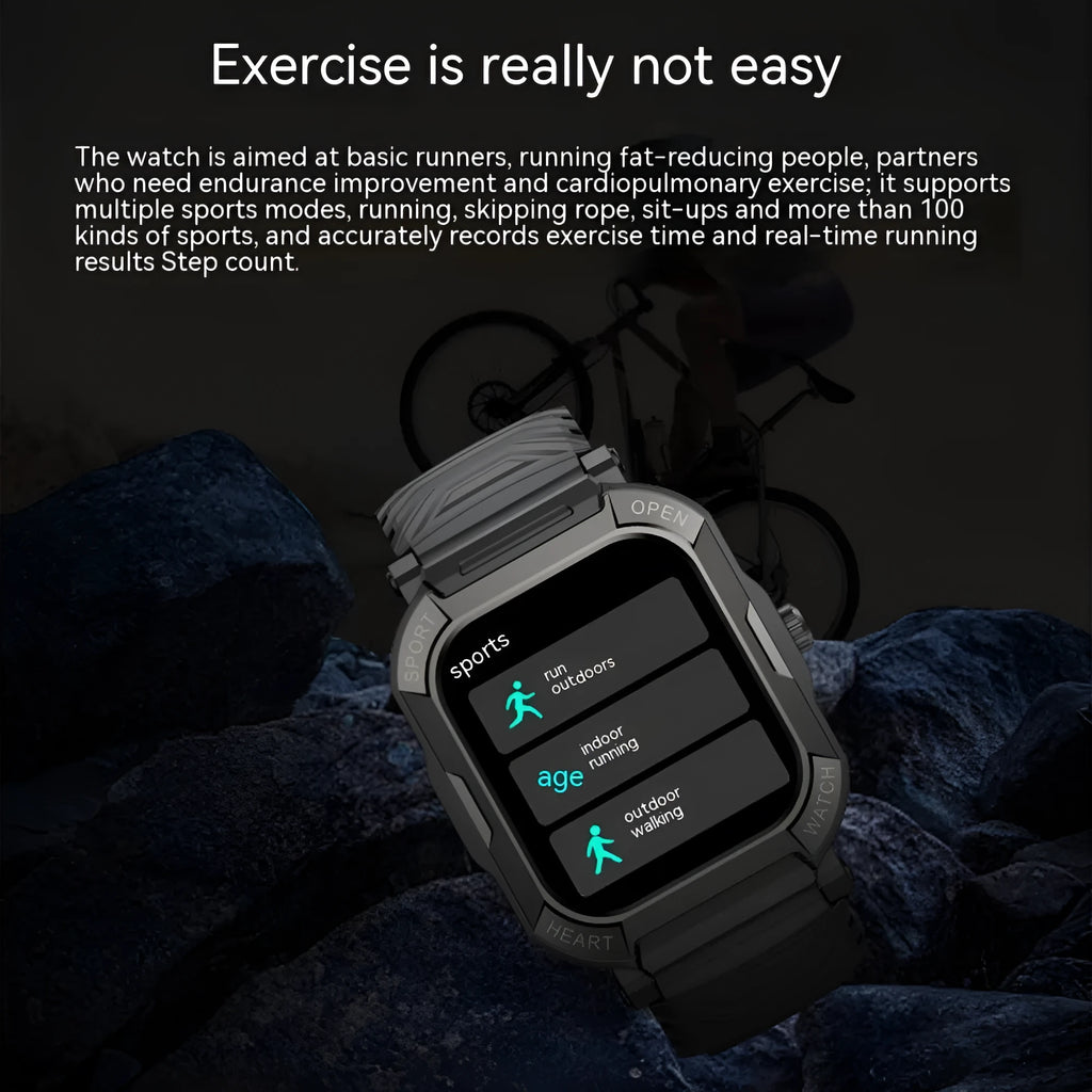 Three-proof outdoor sports watch with Bluetooth calling, heart rate and sleep monitoring on a wrist outdoors