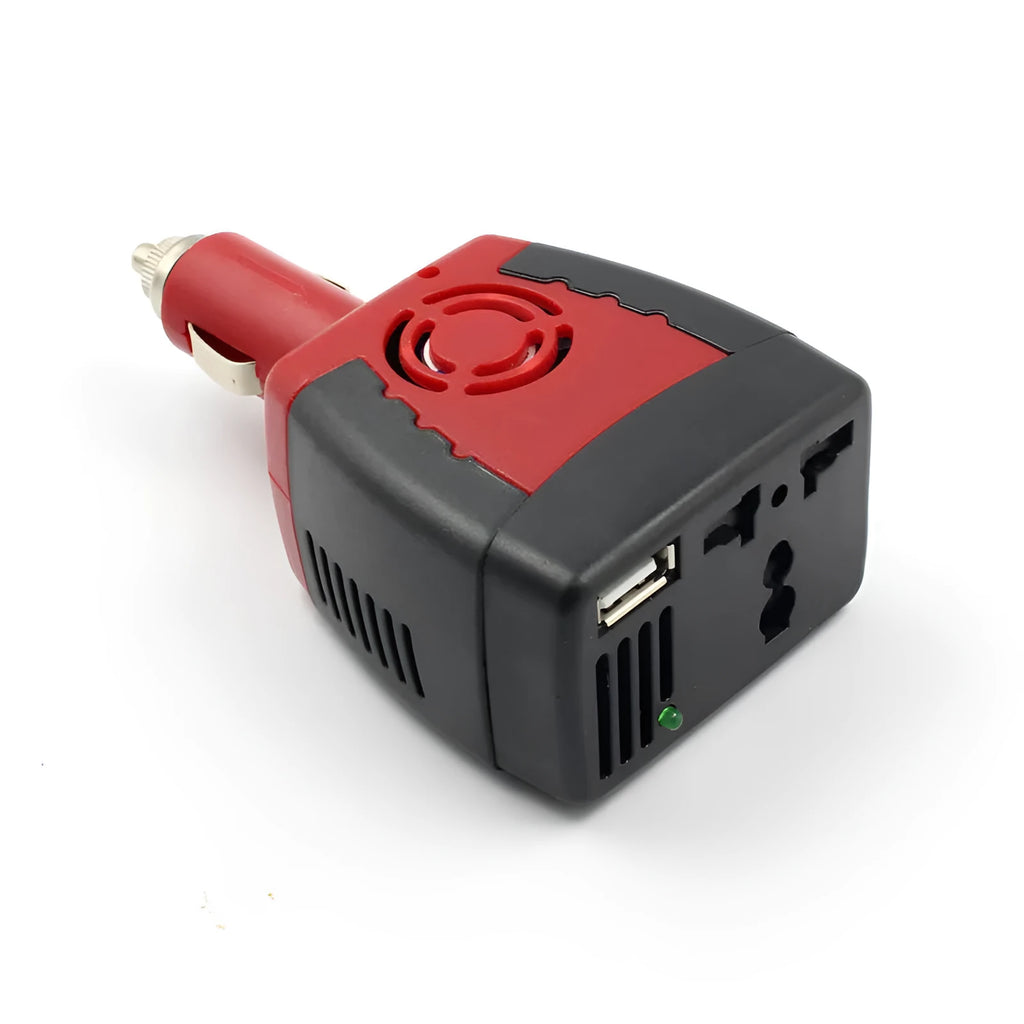 Black and red car power inverter converting 12V to 110V AC with USB output, dimensions 115x65x41mm