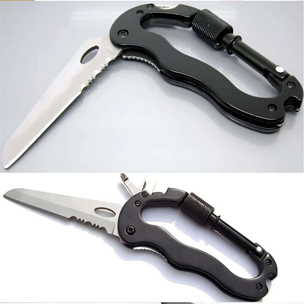 Black multifunctional carabiner folding tool with 420J2 blade, saw and screwdrivers on dark background