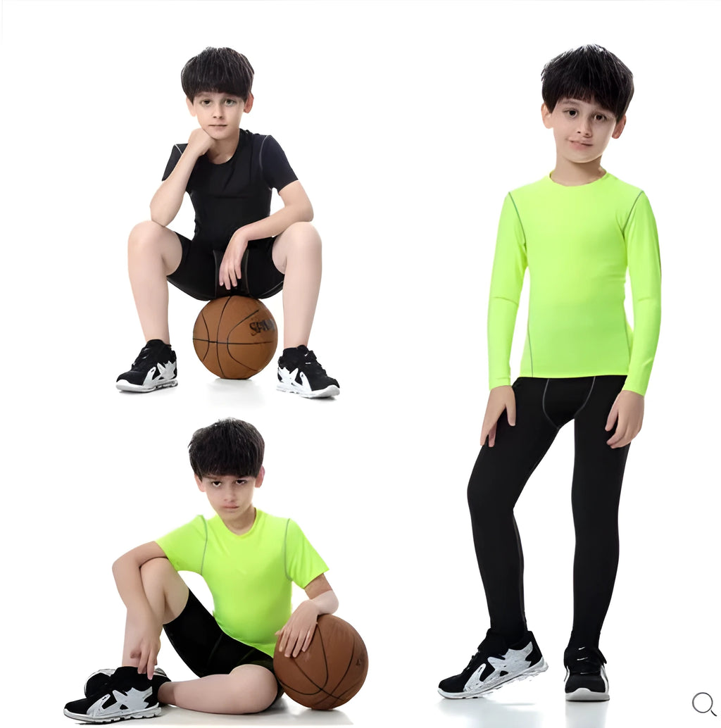 Children's sportswear set showing black and green T-shirts with shorts and trousers alongside size measurement chart