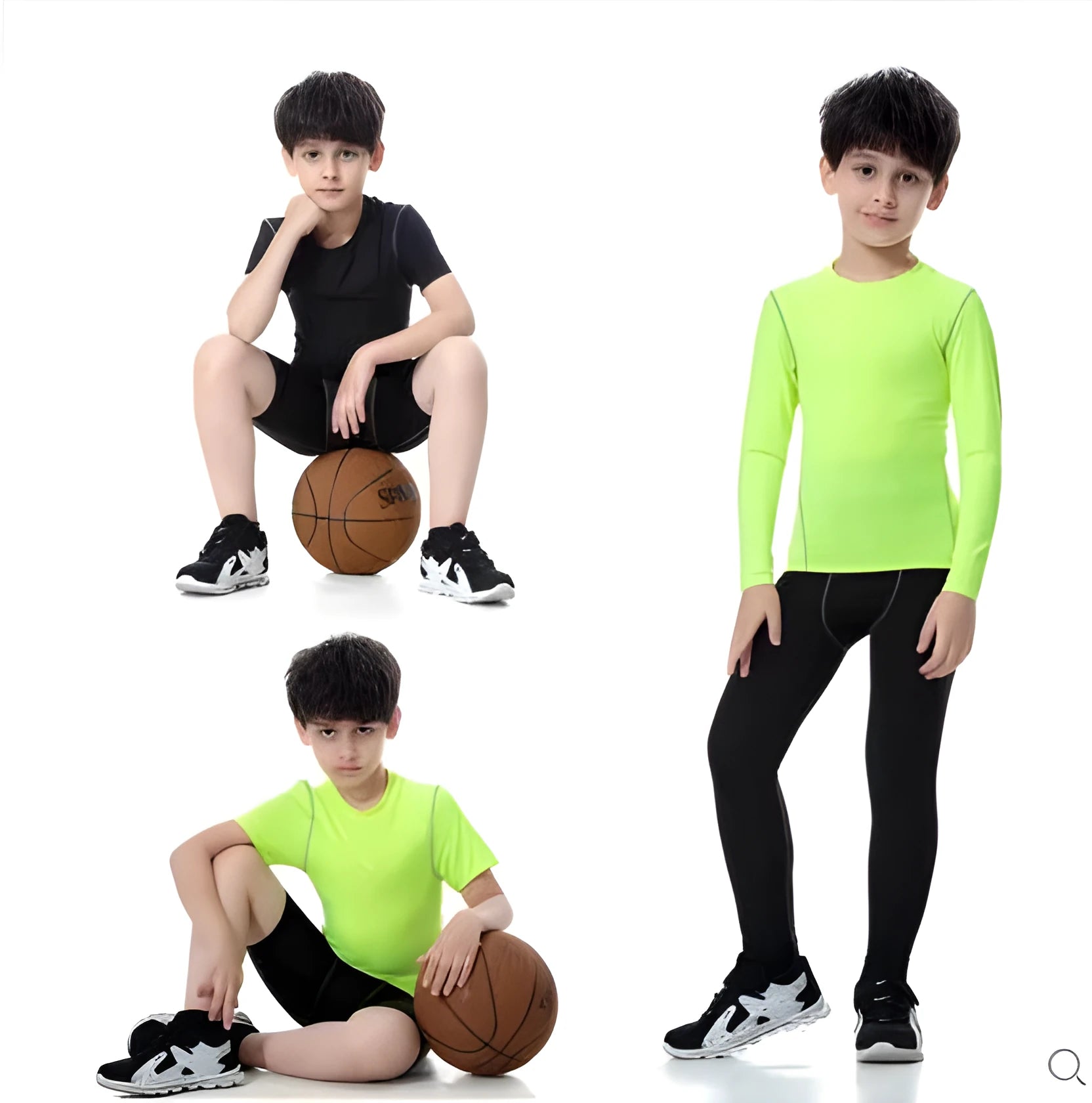 Children's sportswear set showing black and green T-shirts with shorts and trousers alongside size measurement chart