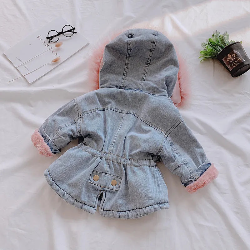 Blue denim coat for girls with attached hood and plus velvet lining shown with size tags
