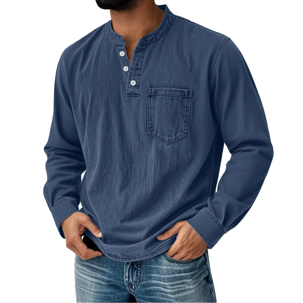 Printed three-button long-sleeve T-shirt for young men, slim fit polyester casual top, sizes XS to 5XL