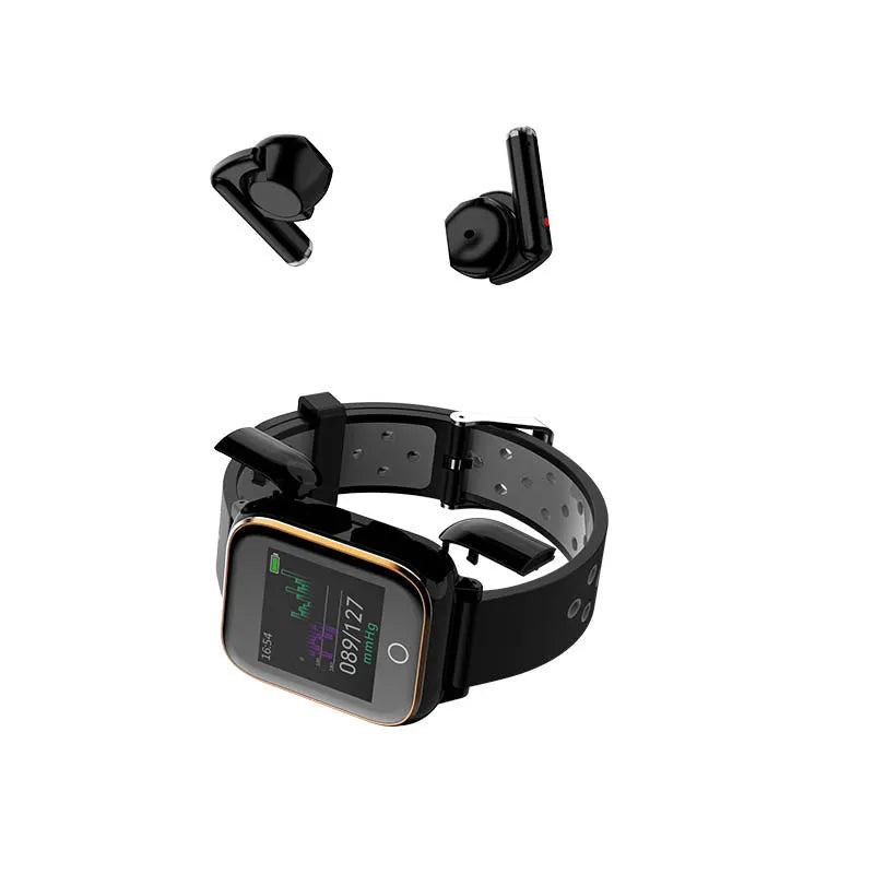 Black smartwatch with integrated Bluetooth earbuds showing 1.4-inch touchscreen display