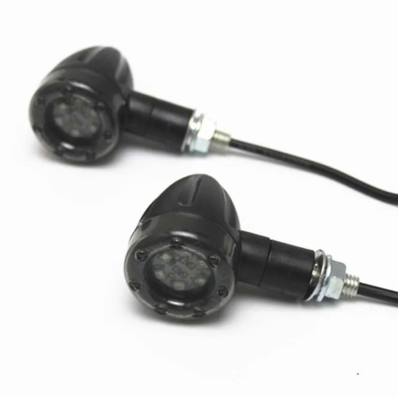 Pair of black 6LED motorcycle turn signals with smoke smoke cover and 8mm screw mount