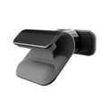 Black universal car phone holder with 360-degree rotating head and adhesive mount on a car dashboard.