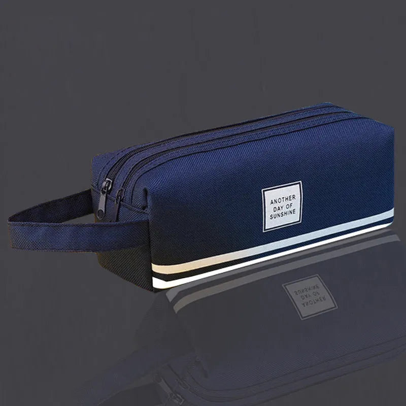 Canvas double-layer stationery box in blue with double zipper, made of Oxford cloth, for junior high school students