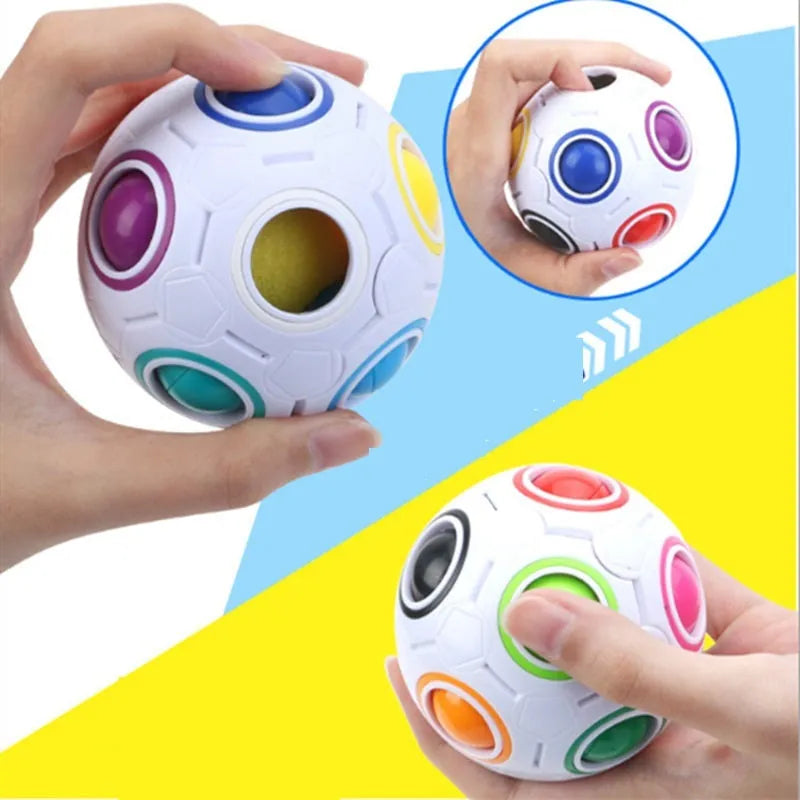 Rainbow coloured ball puzzle with moveable pieces inside a clear plastic sphere.