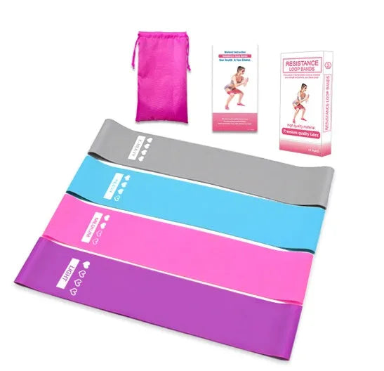 Set of 4 resistance bands in purple, pink, blue, and grey on a white background