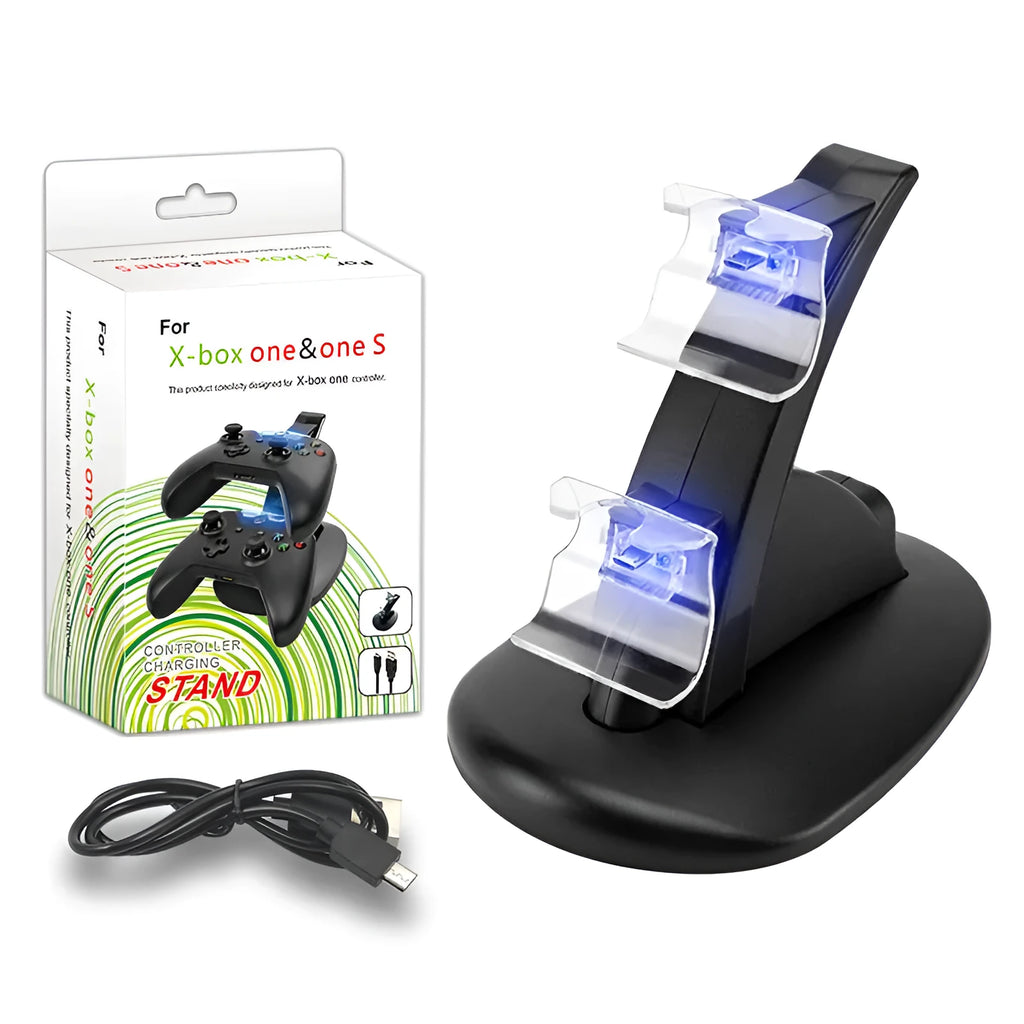 Black Xbox dual controller charging dock station for Xbox One and Xbox One S gamepads.