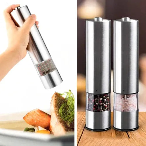 Stainless steel electric pepper grinder on kitchen counter