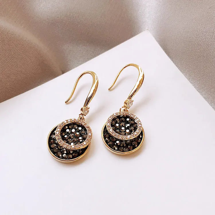 Black geometric round earrings with retro Hong Kong style, 3.6cm length