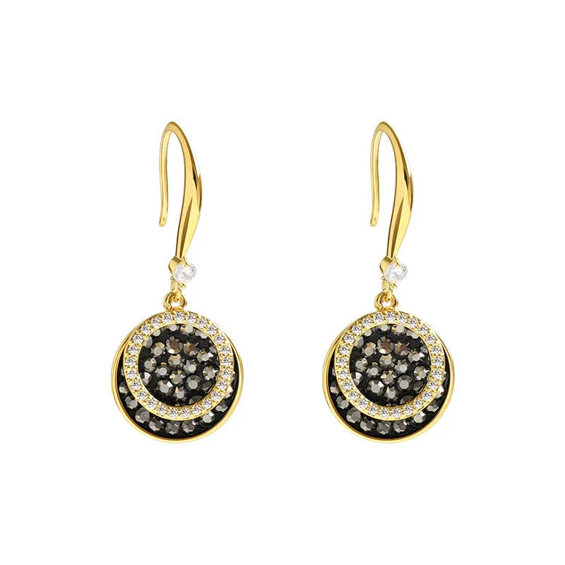Black geometric round earrings with retro Hong Kong style, 3.6cm length