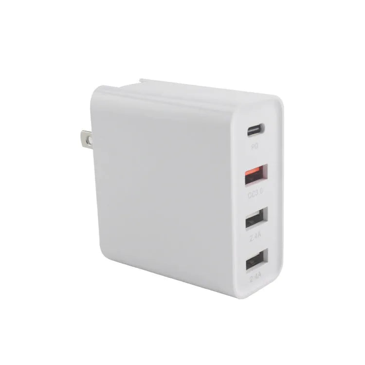 Black 48W USB-C wall charger with four Type-C ports and a UK 3-pin plug on a white background.